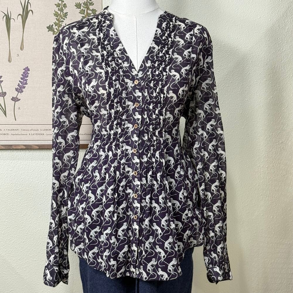Maeve Anthropologie Monkey Print Pleated Blouse Top Mod Whimsy Twee Retro 8